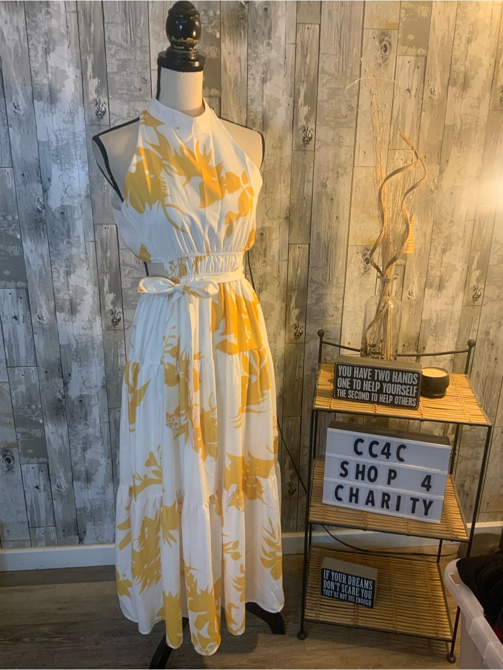 Unk White & Yellow Halter Maxi Dress with Tie Waist